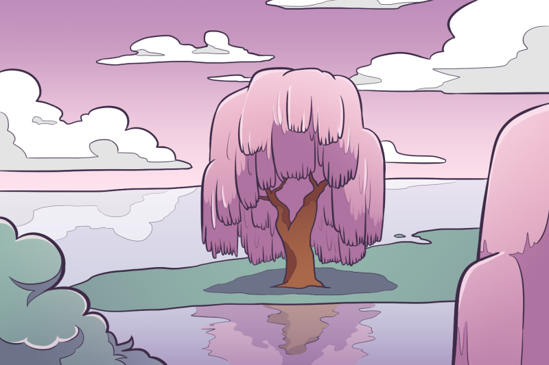 A digital art scene of a pink weeping willow. It is reflected in the water below.